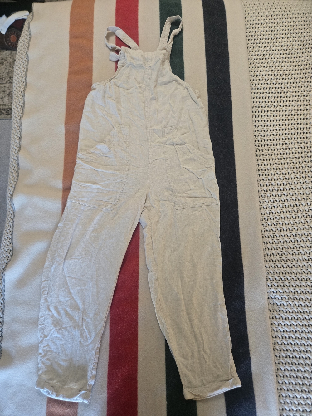 Universal Thread Light Cream Relaxed Fit Linen-Blend Overalls